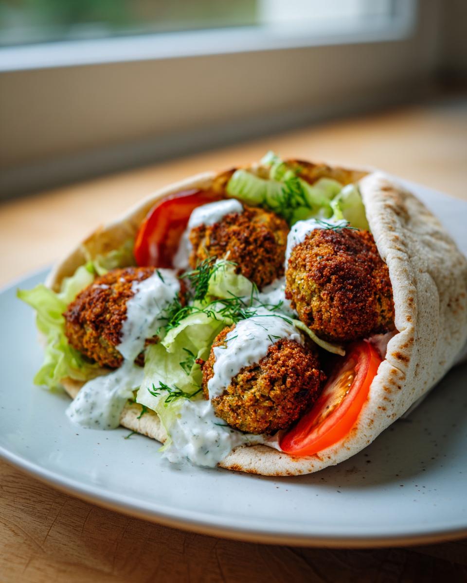 Nahaufnahme einer gefüllten Falafel-Pita mit knusprigen Falafelbällchen, Salat, Tomate und reichlich Joghurtsauce.