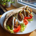 Zwei goldbraune Falafel-Bällchen in einer Pita mit Salat, Tomaten und reichlich Joghurtsauce.