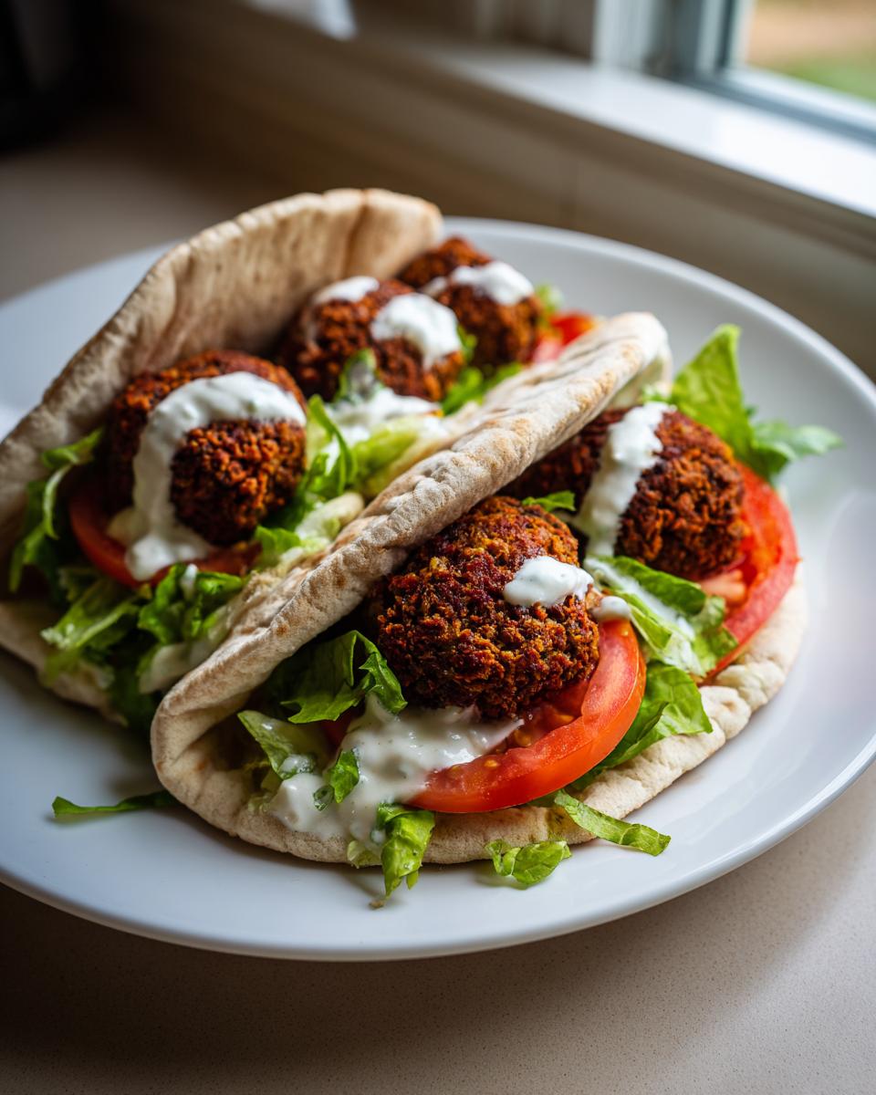 Zwei gefüllte Falafel-Pita mit knusprigen Falafelbällchen, Salat, Tomaten und Joghurtsauce auf einem weißen Teller.