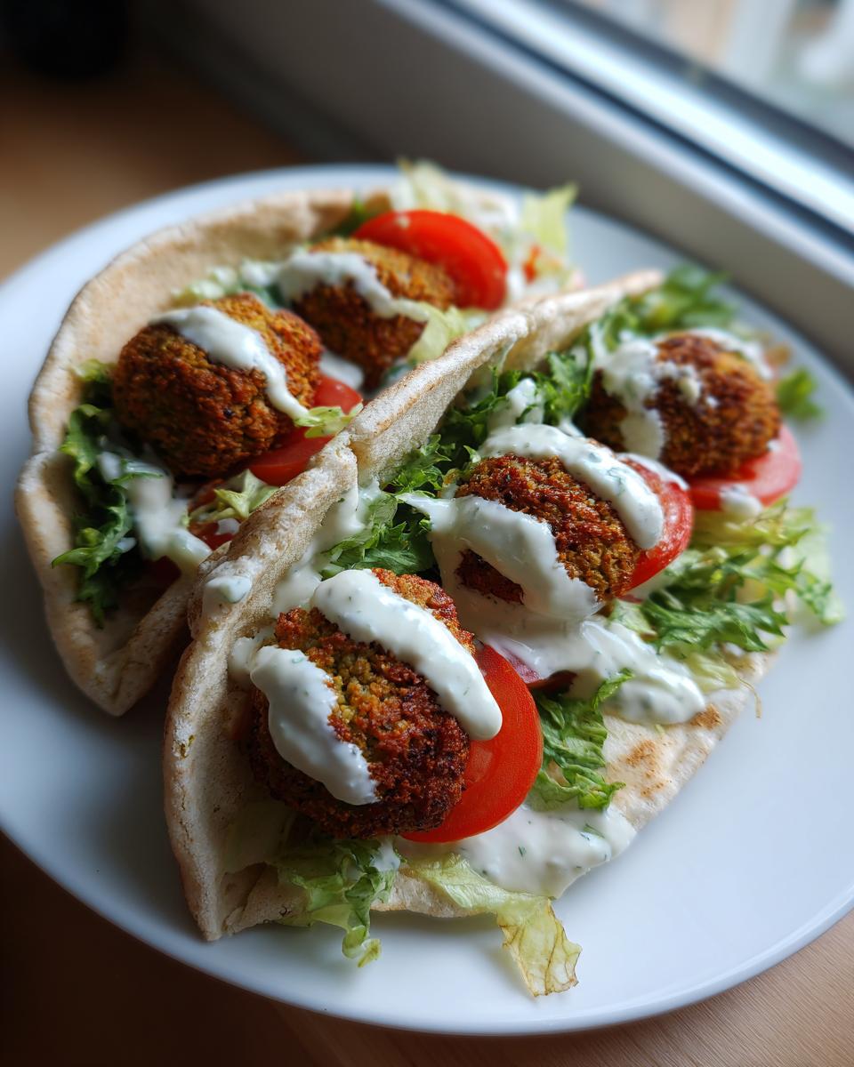 Zwei gefüllte Fladenbrote mit knusprigen Falafel, Tomaten, Salat und reichlich Joghurtsauce.