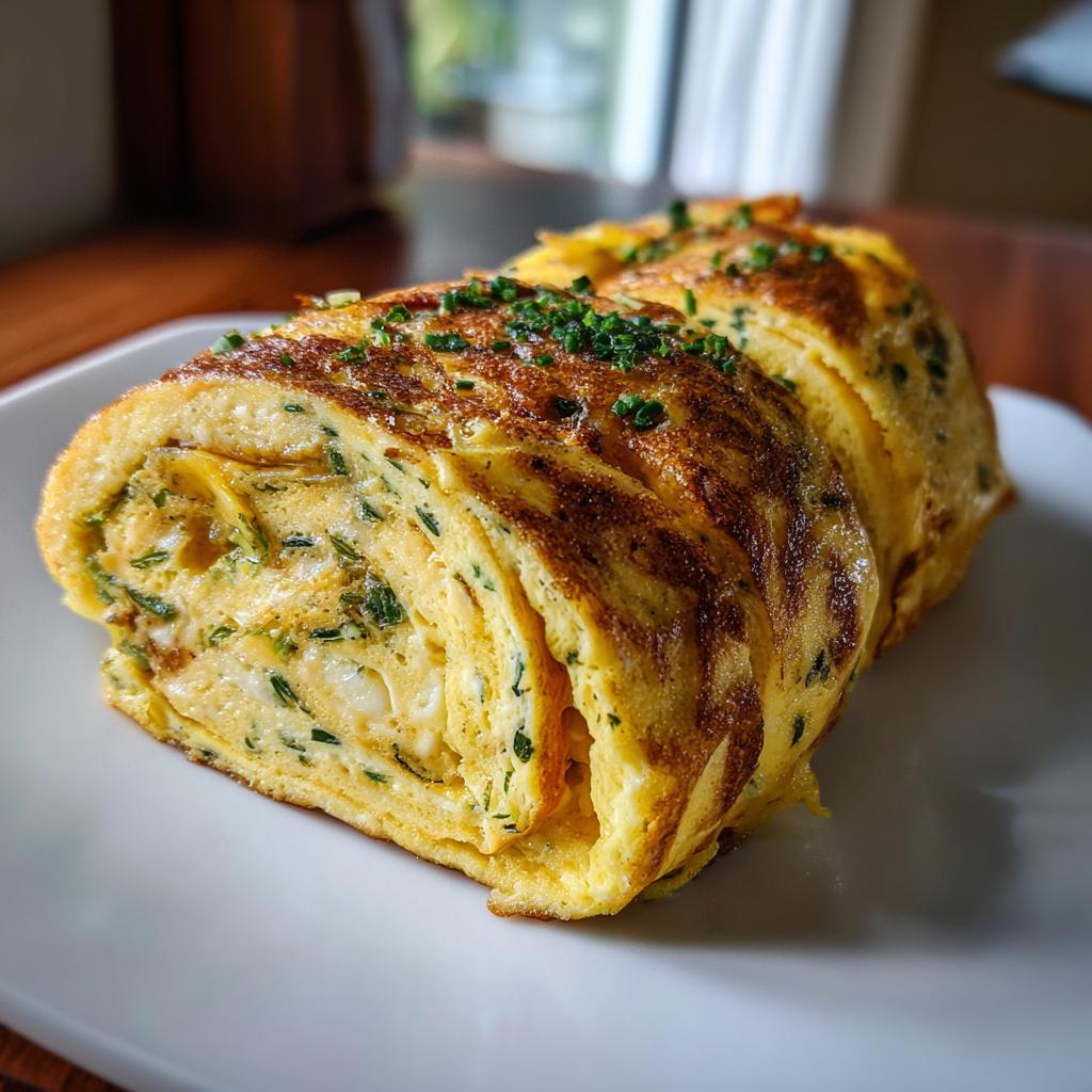 Nahaufnahme einer aufgeschnittenen Omelette-Hackrolle, gefüllt und mit frischem Schnittlauch garniert.