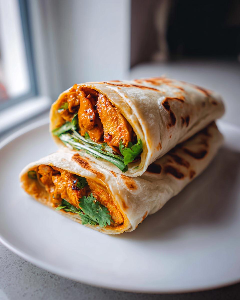 Zwei Hälften eines saftigen Chicken-Tikka-Wrap, gefüllt mit orangefarbenem Hähnchen und frischem Koriander, gestapelt auf einem weißen Teller.