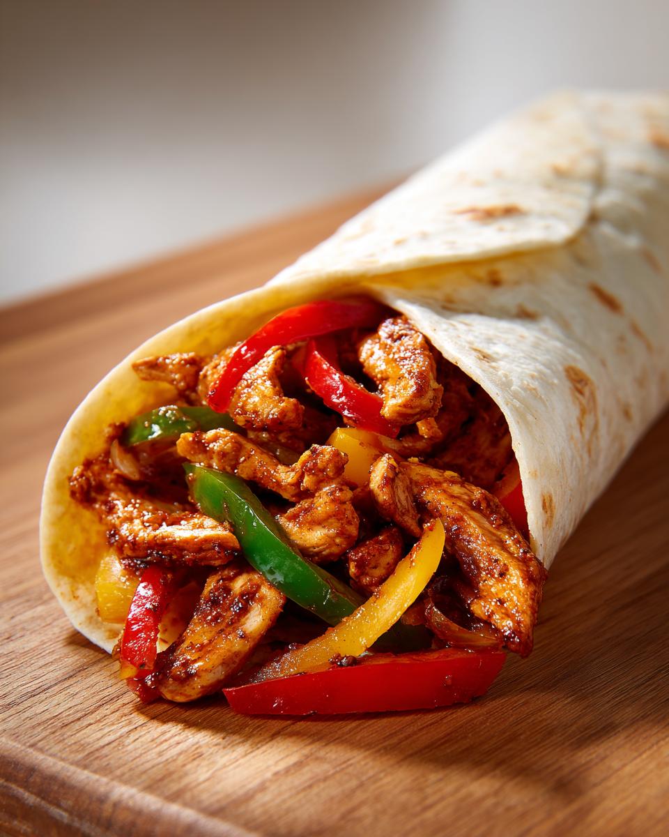 Nahaufnahme eines saftigen Fajita-Wrap mit Hähnchenstreifen und bunten Paprikastreifen.