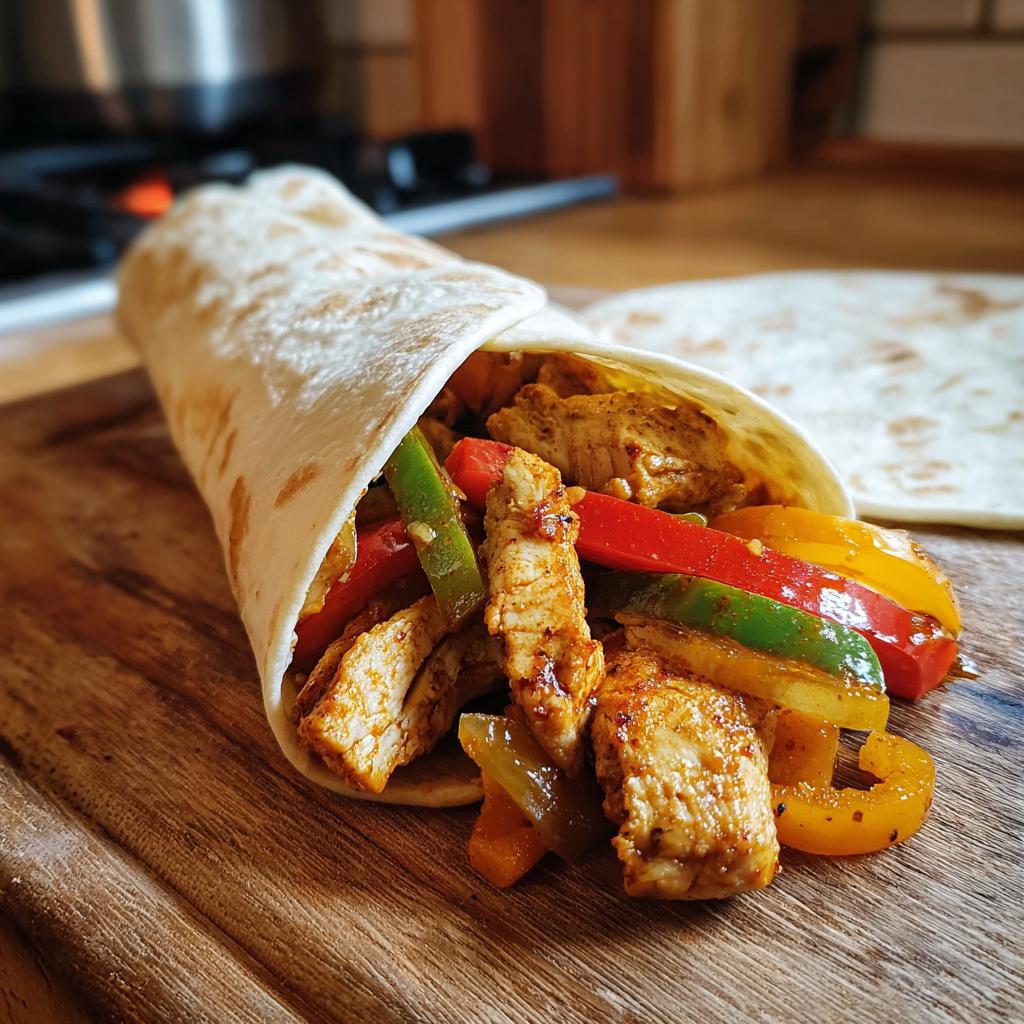 Nahaufnahme eines perfekt gerollten Fajita-Wrap mit Hähnchen und bunten Paprikastreifen auf einem rustikalen Holzbrett.
