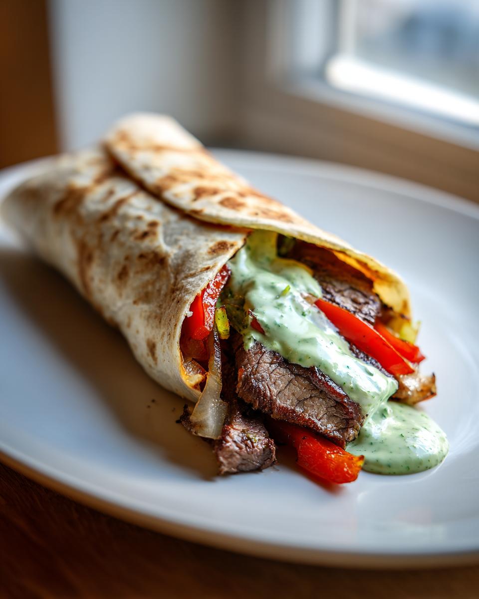 Ein saftiger Steak-Wrap mit Kräutersauce, gefüllt mit Fleischstreifen und Paprika, liegt auf einem weißen Teller.