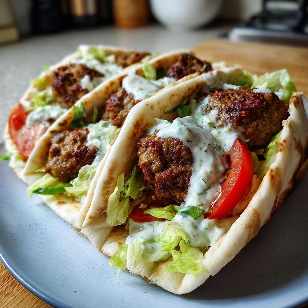 Drei gefüllte Köfte-Sandwich im Fladenbrot mit Hackbällchen, Salat, Tomaten und Joghurt-Sauce.
