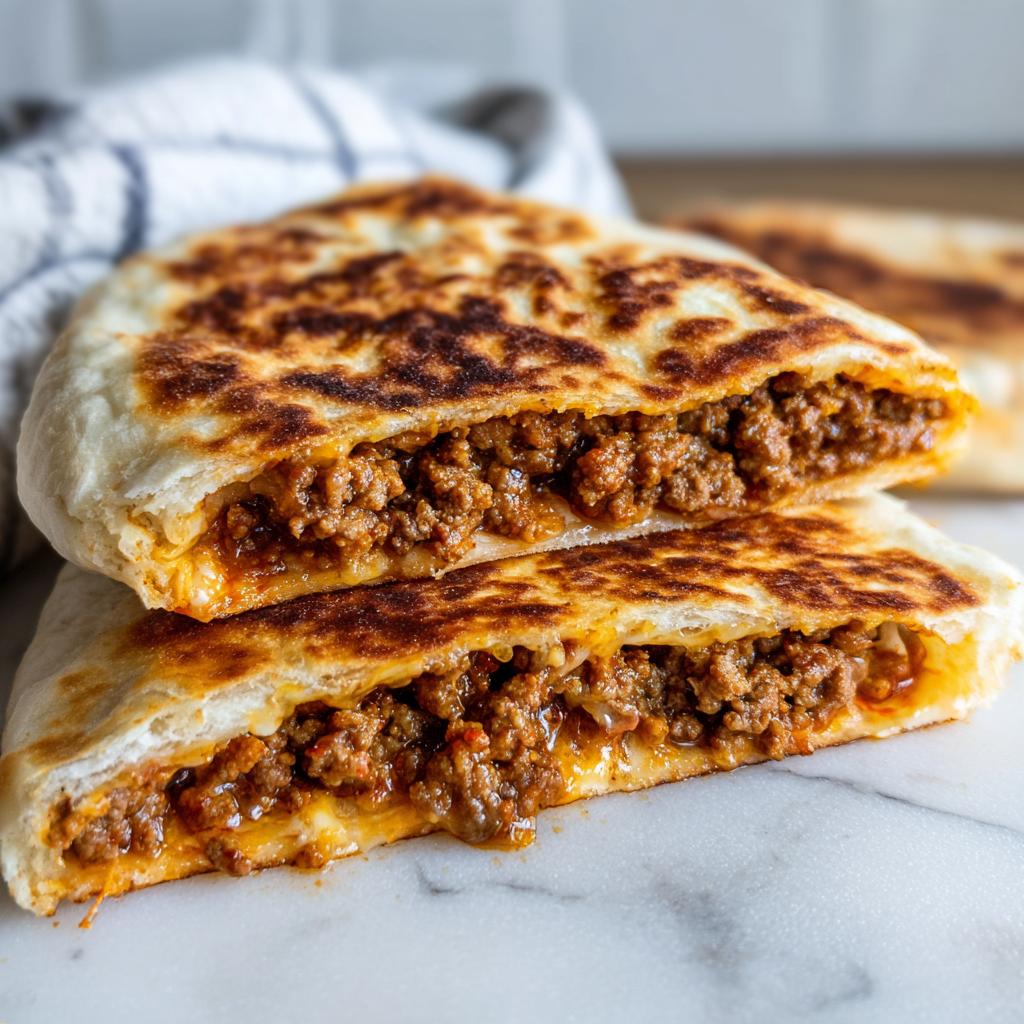 Zwei Hälften von Fladenbrot mit Hackfleisch & Käse, gefüllt mit saftigem Hackfleisch und geschmolzenem Käse.