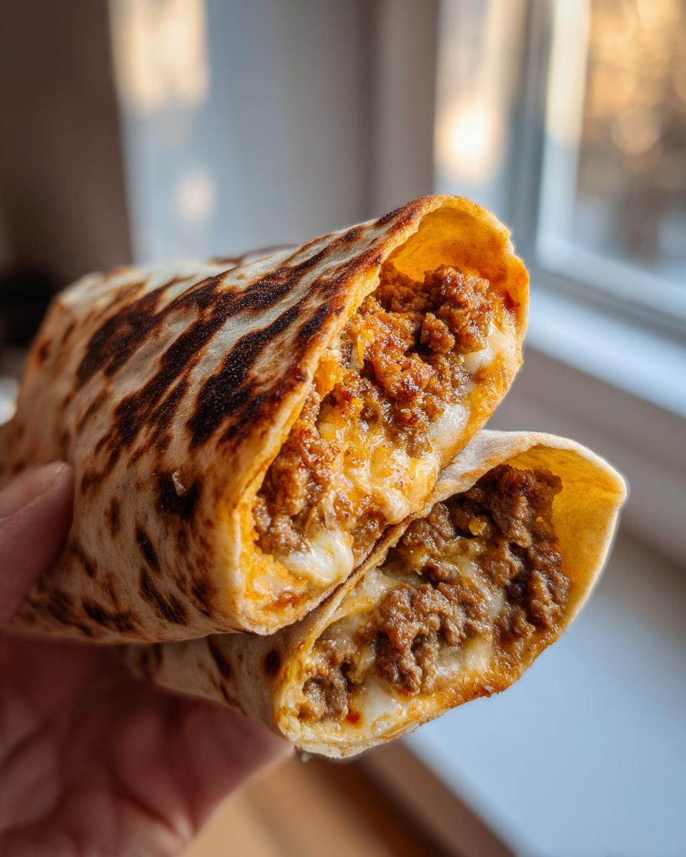 Zwei Hälften Fladenbrot mit Hackfleisch und geschmolzenem Käse, perfekt gegrillt.