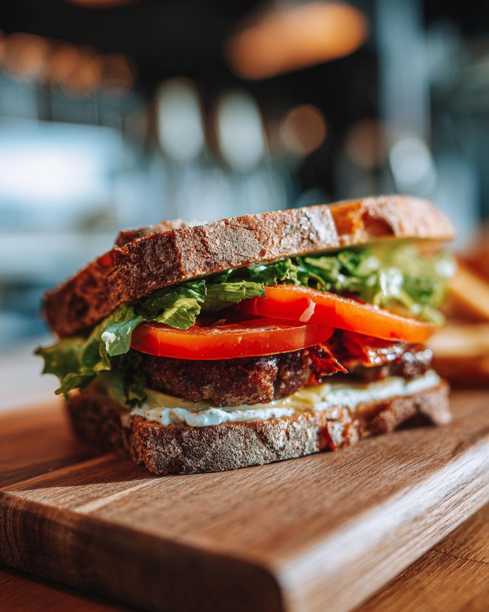 Nahaufnahme eines leckeren Frikadellen-Sandwichs mit dunklem Brot, Salat, Tomaten und cremiger Soße auf einem Holzbrett.