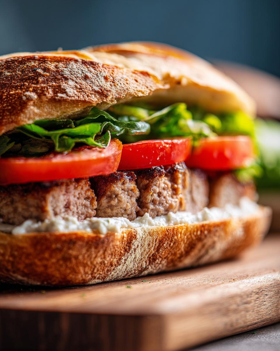 Nahaufnahme eines saftigen Frikadellen-Sandwich mit frischen Tomatenscheiben und Salat auf einem Holzbrett.
