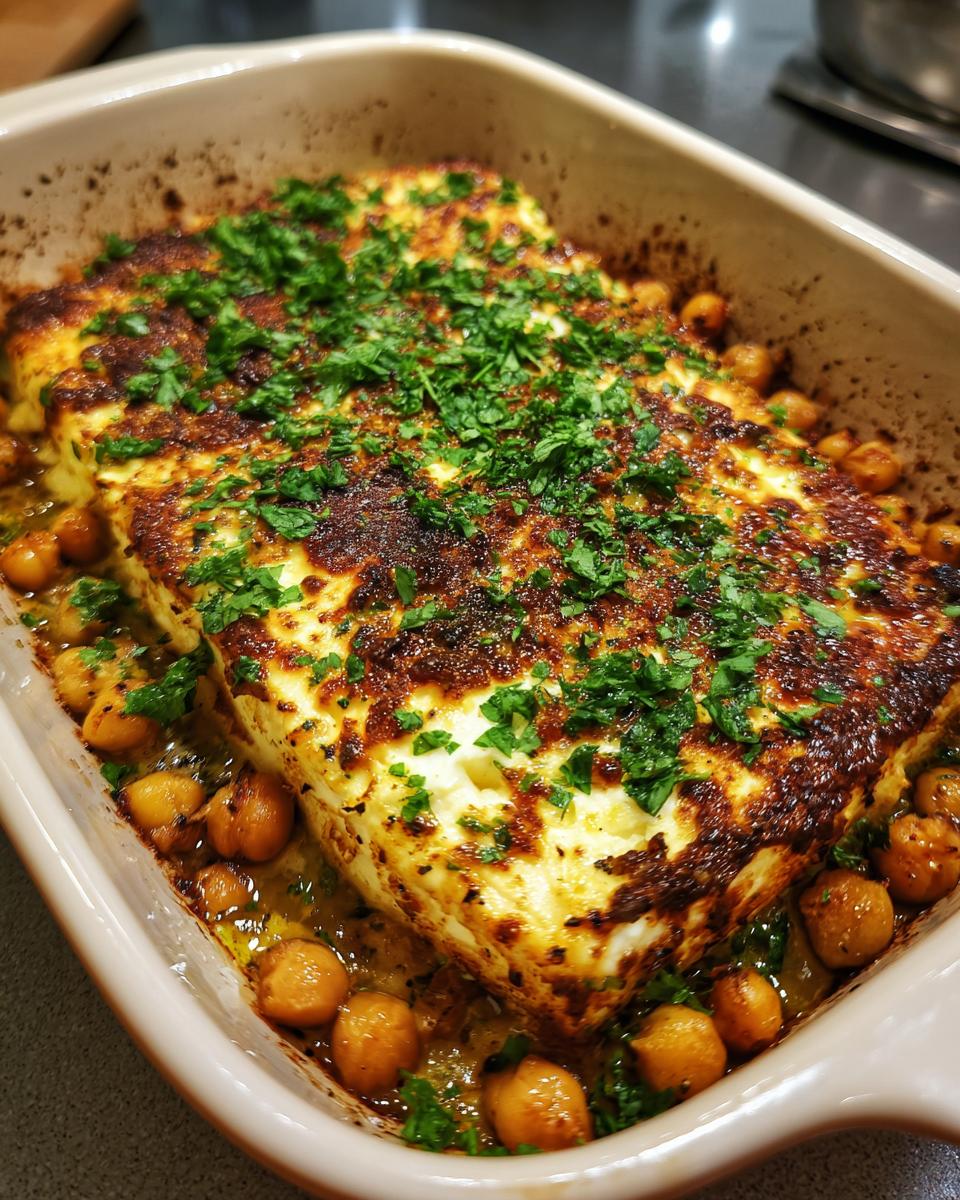 Ein großer Block gebackener Feta mit Kichererbsen in einer Auflaufform, goldbraun überbacken und mit Petersilie bestreut.