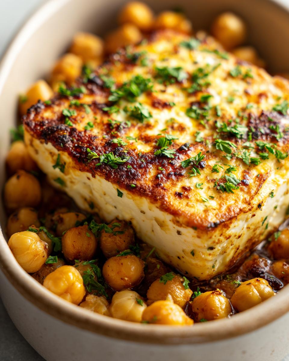 Nahaufnahme von cremigem, goldbraun gebackenem Feta auf einem Bett aus würzigen Kichererbsen.