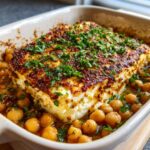 Großes Stück gebackener Feta mit knuspriger Kruste und frischer Petersilie, umgeben von Kichererbsen in einer Auflaufform.