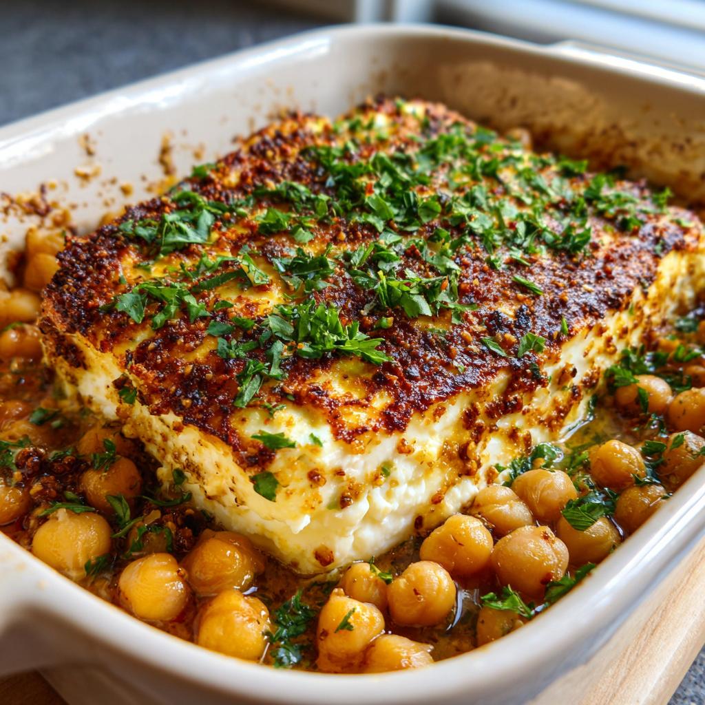 Großes Stück gebackener Feta mit knuspriger Kruste und frischer Petersilie, umgeben von Kichererbsen in einer Auflaufform.