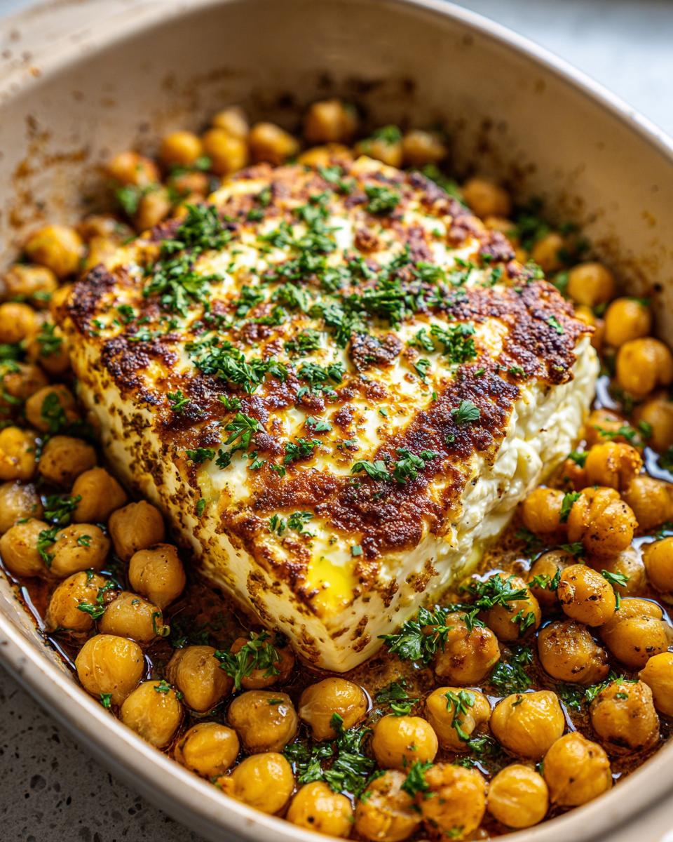 Nahaufnahme von cremigem, goldbraun gebackenem Feta, umgeben von würzigen Kichererbsen, dem Hauptbestandteil des gebackenen Feta mit Kichererbsen.