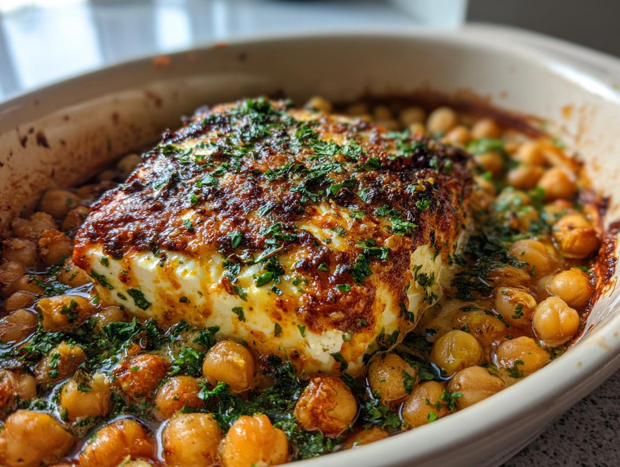 Nahaufnahme von goldbraun gebackenem Feta mit Kichererbsen und frischer Petersilie.