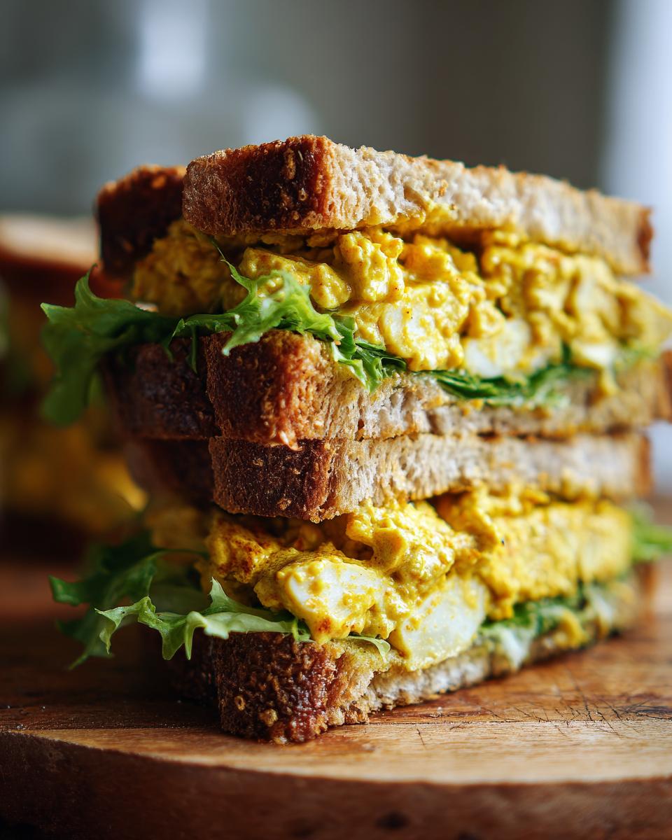 Zwei Hälften eines reichhaltig gefüllten Hähnchen-Curry-Sandwichs mit gelber Curry-Creme und Salatblättern.