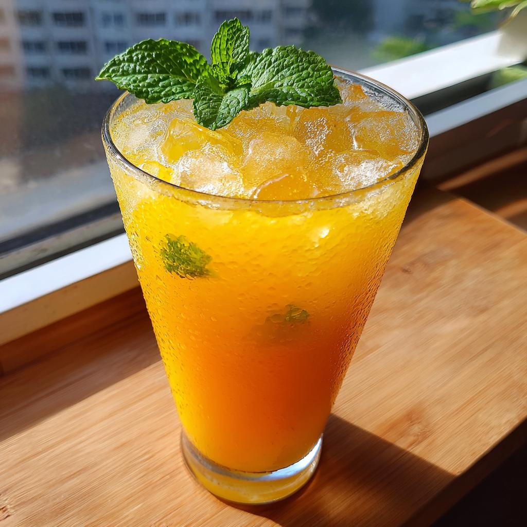 Ein hohes Glas mit leuchtend oranger Melonen-Limonade, gefüllt mit viel Eis und garniert mit frischen Minzblättern.