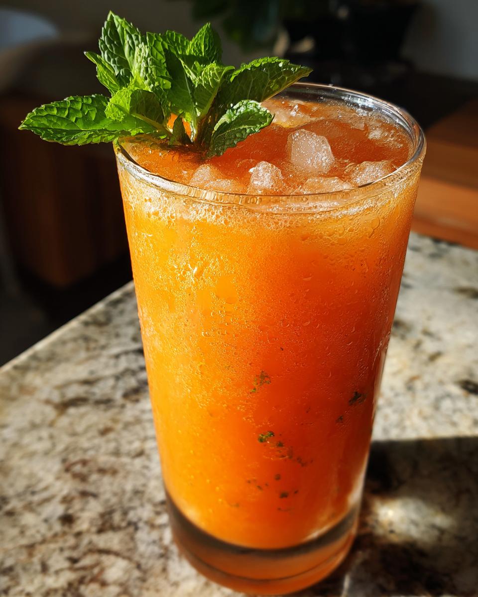 Nahaufnahme eines hohen Glases mit leuchtend oranger Melonen-Limonade, gefüllt mit Eiswürfeln und garniert mit frischer Minze.