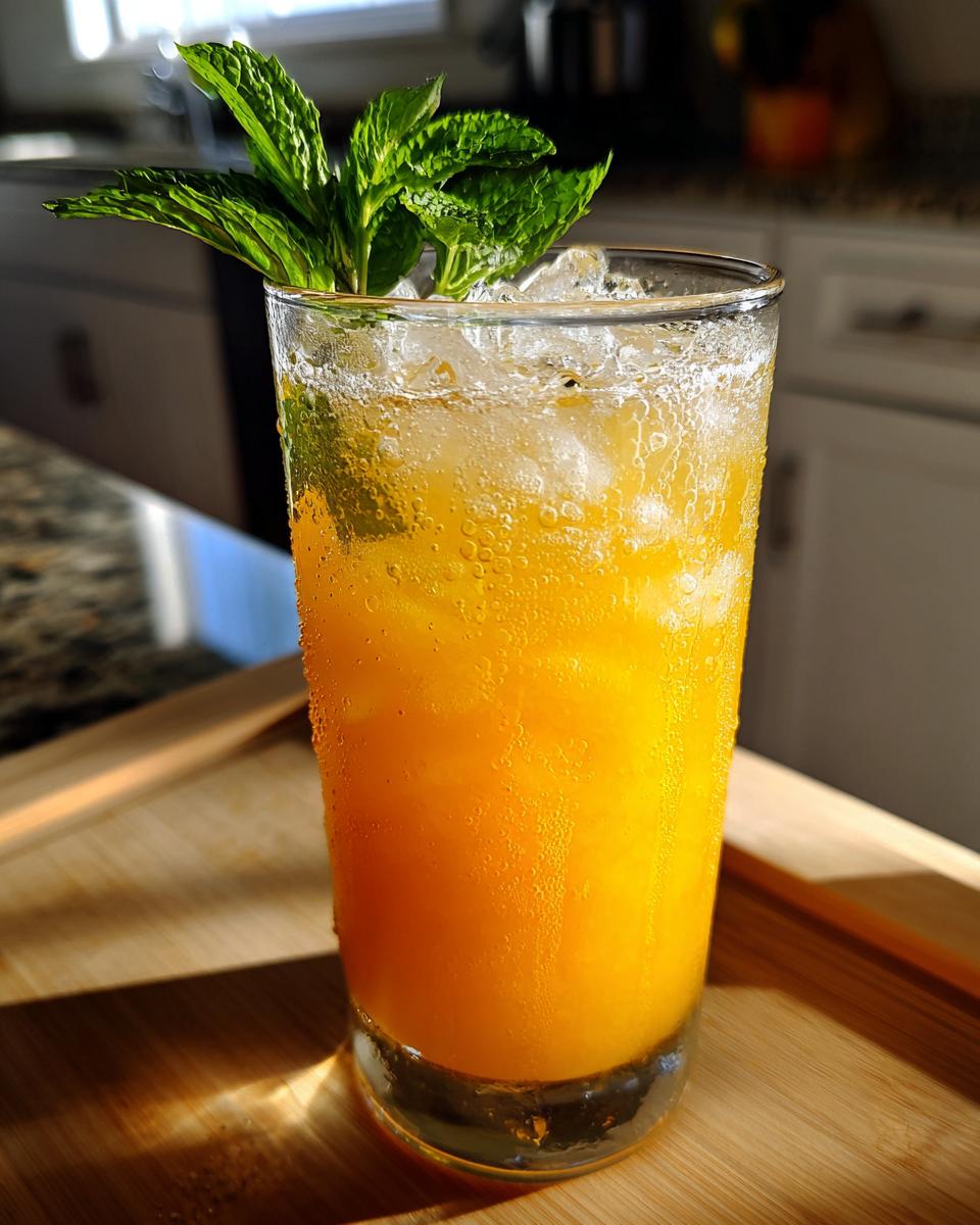 Ein hohes Glas mit leuchtend oranger Melonen-Limonade, Eiswürfeln und einem Minzzweig als Garnitur.