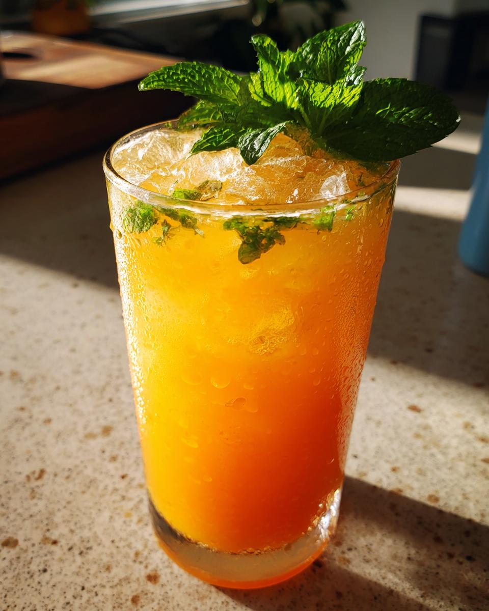 Nahaufnahme eines hohen Glases mit leuchtend oranger Melonen-Limonade, gefüllt mit zerstoßenem Eis und garniert mit frischer Minze.