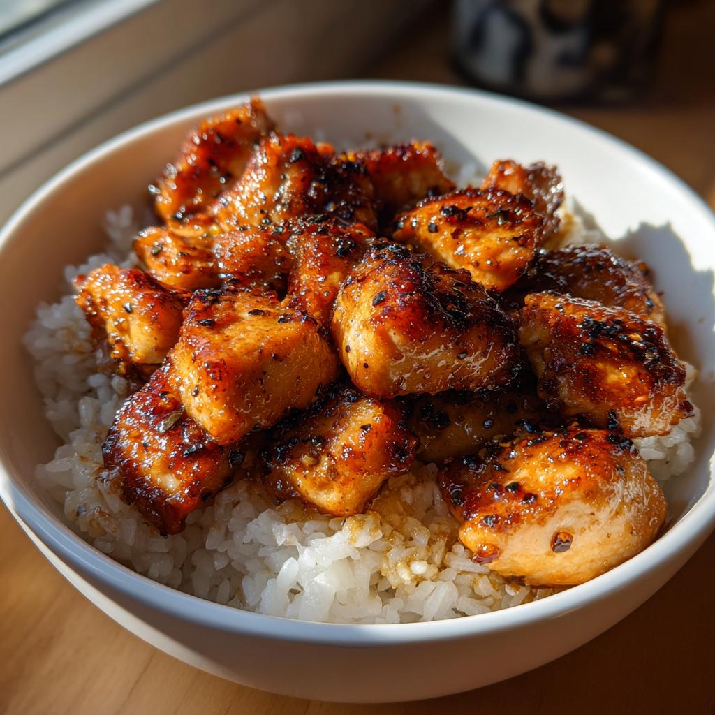 Nahaufnahme von saftigen, glasierten Hähnchenstücken auf weißem Reis in einer Schüssel – der perfekte Chicken-Rice-Bowl.