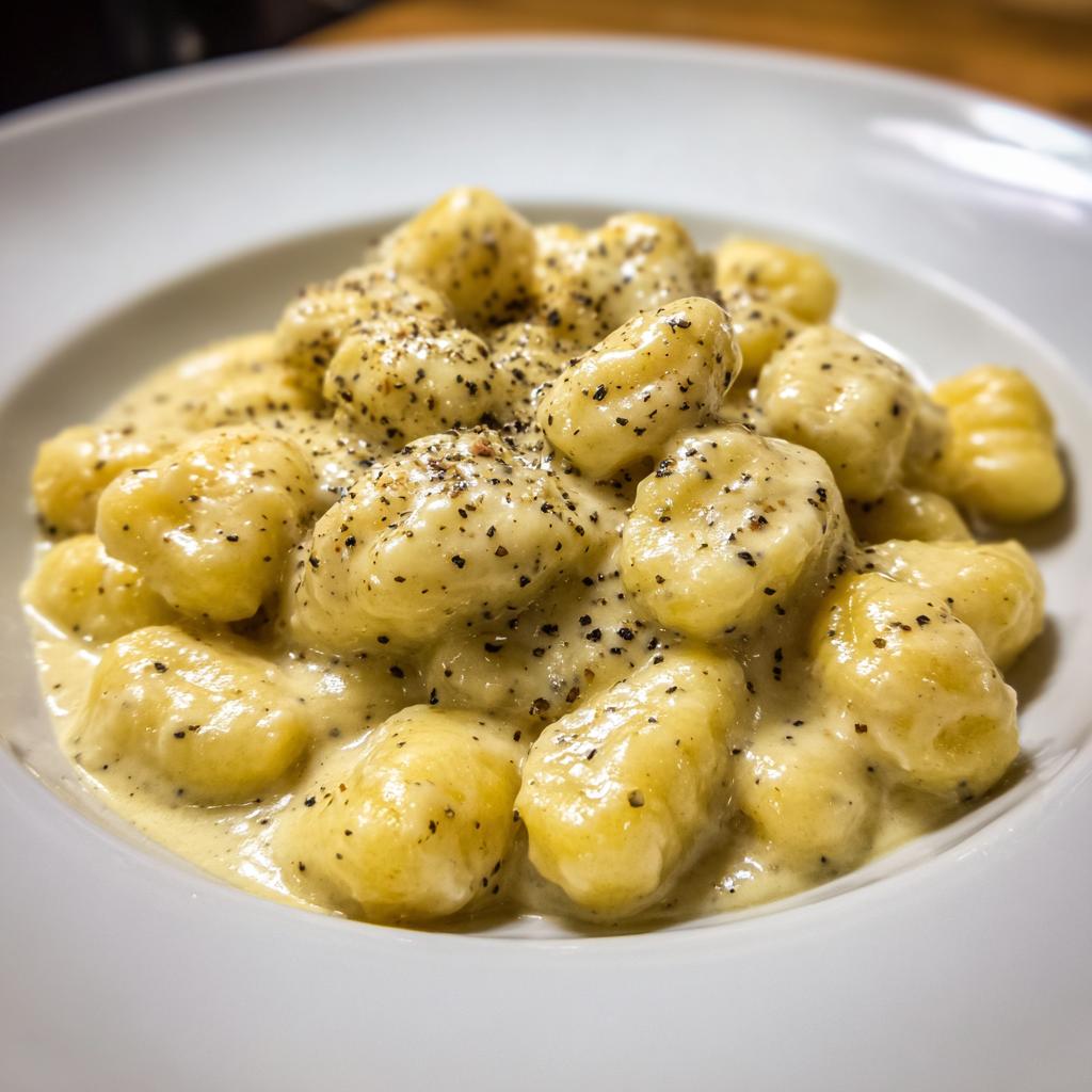 Nahaufnahme von fluffigen Gnocchi in cremiger Gorgonzola-Sahnesauce, bestreut mit frisch gemahlenem Pfeffer.