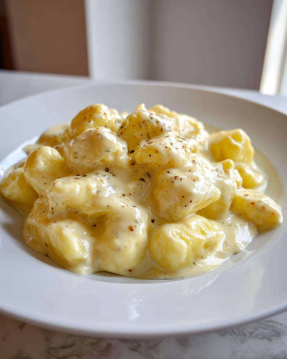 Eine Nahaufnahme von fluffigen Gnocchi, bedeckt mit cremiger Gorgonzola-Sahnesauce und Pfeffer.