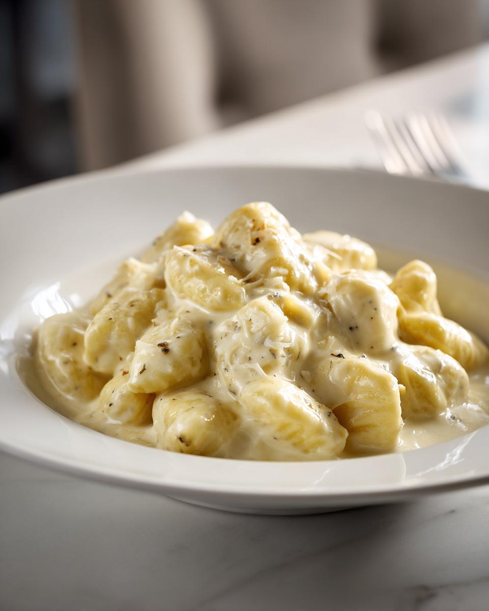 Nahaufnahme von fluffigen Gnocchi in einer reichhaltigen Gorgonzola-Sahnesauce, bestreut mit Kräutern.