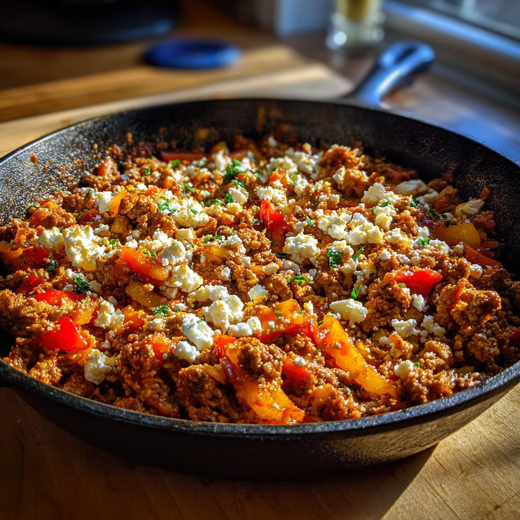 Nahaufnahme der Griechische Hackfleischpfanne mit Ajvar, garniert mit zerbröseltem Feta in einer dunklen Pfanne.