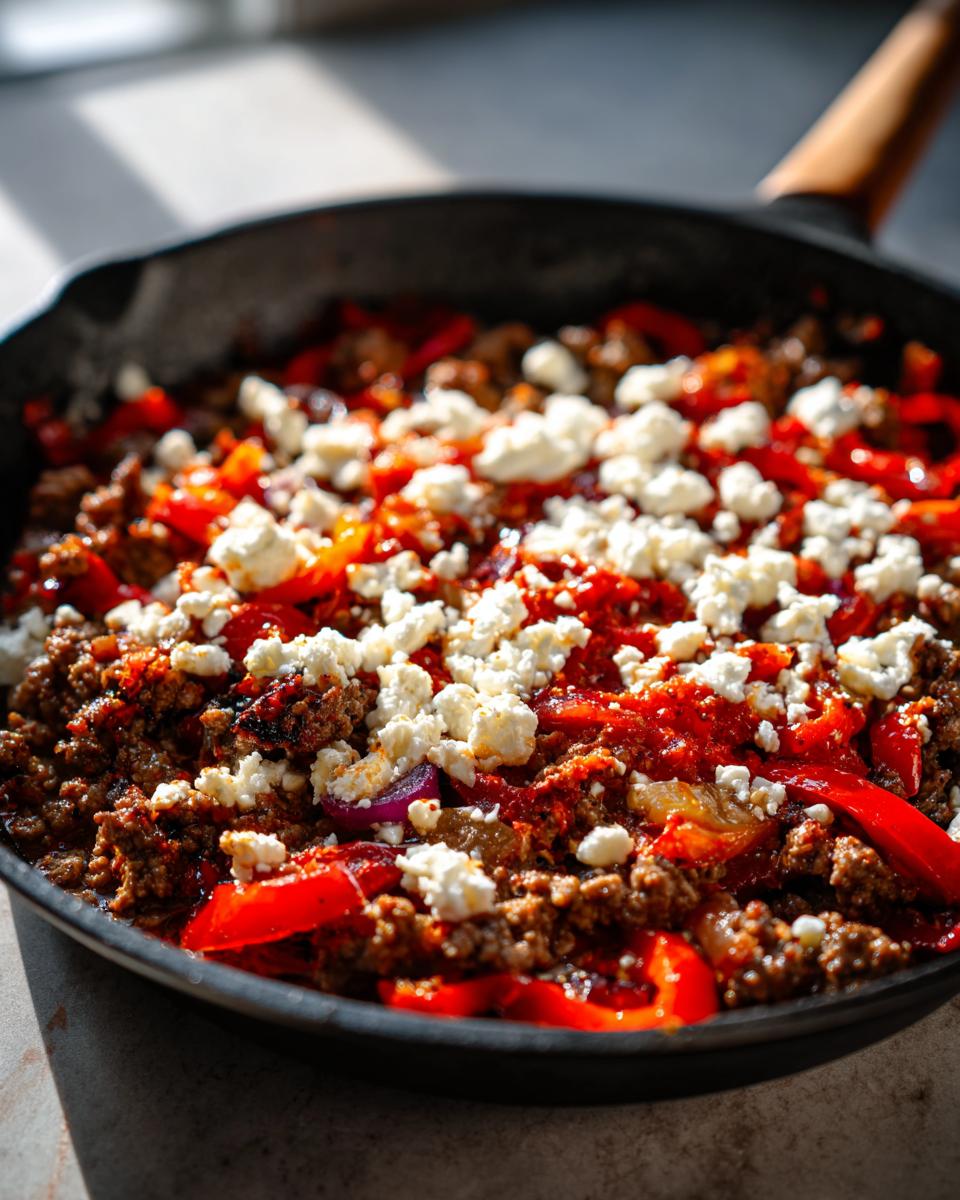 Nahaufnahme der Griechische Hackfleischpfanne mit Ajvar, bedeckt mit zerbröseltem Feta in einer gusseisernen Pfanne.
