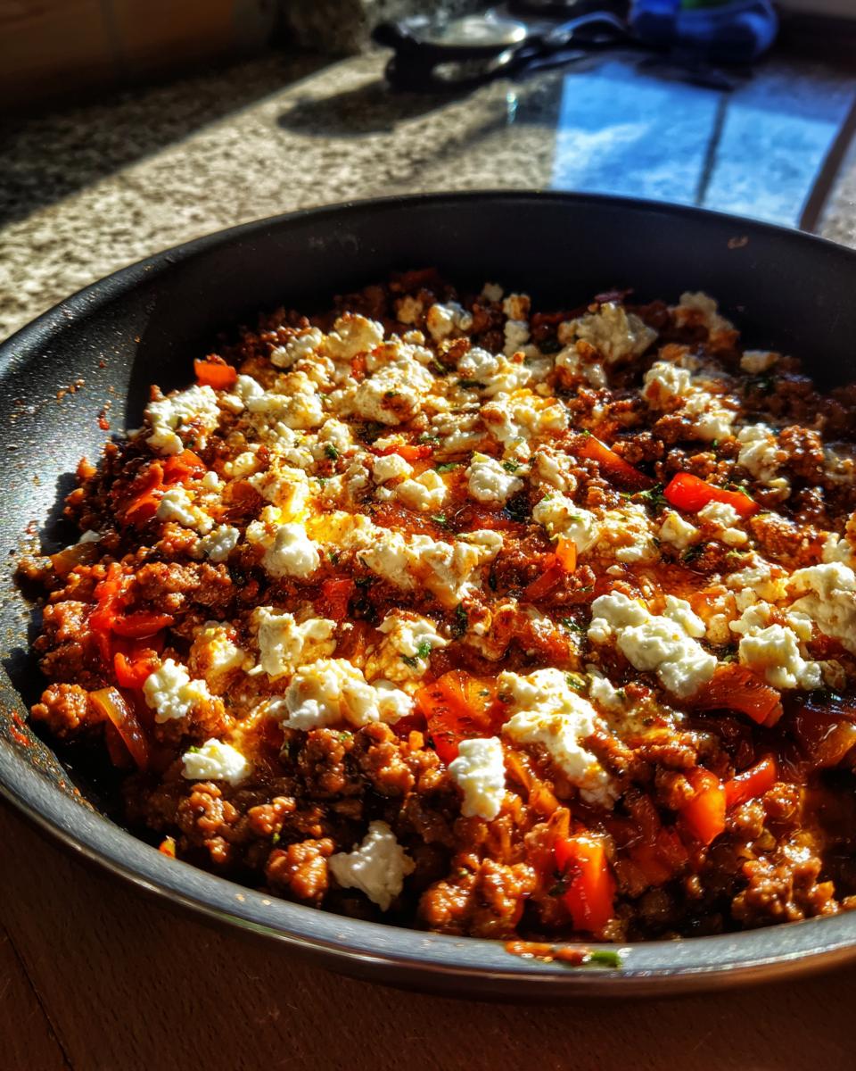 Eine fertige Griechische Hackfleischpfanne mit Ajvar, bedeckt mit zerbröseltem Feta, in der Pfanne.