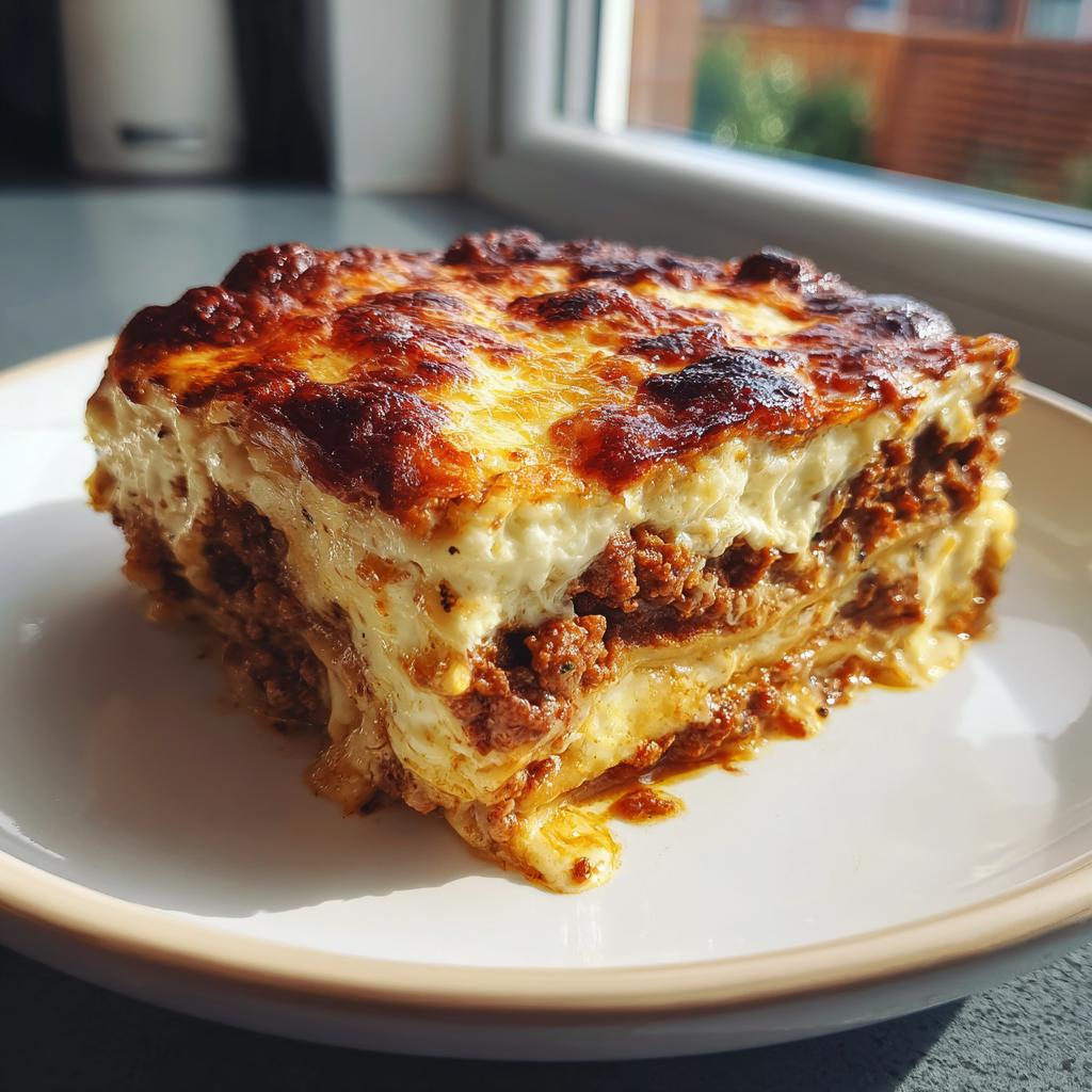 Ein saftiges Stück Griechischer Nudelauflauf mit Hackfleisch und goldbraun überbackener Béchamelschicht auf einem Teller.