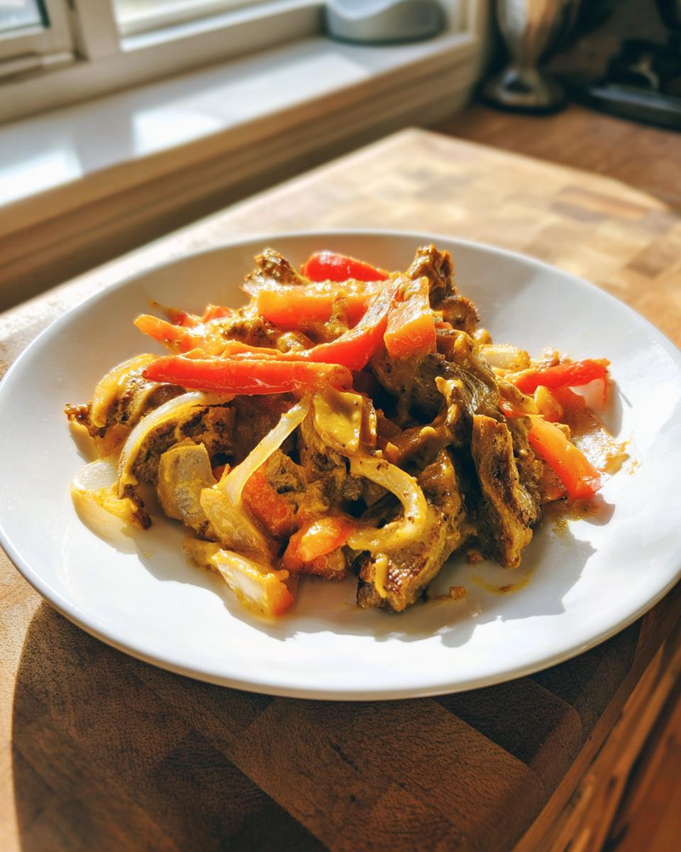 Eine Portion Gyros-Pfanne mit Metaxasauce, Zwiebeln und Paprika auf einem weißen Teller.