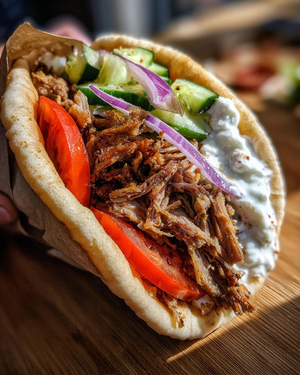Nahaufnahme eines saftigen Gyros-Sandwich im Fladenbrot mit viel Fleisch, Tomaten, Gurken und Tzatziki.