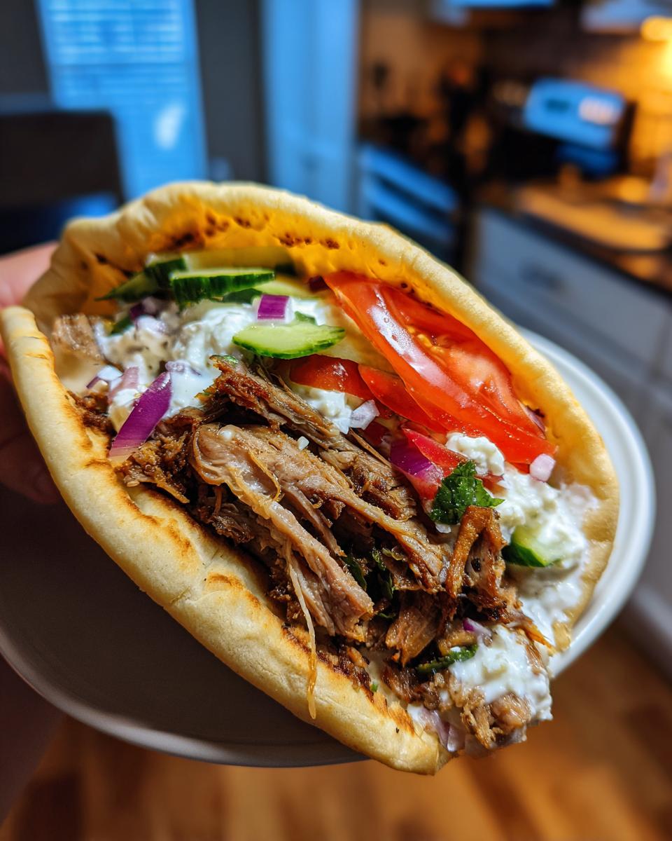 Nahaufnahme eines reich gefüllten Gyros-Sandwichs im Fladenbrot mit Fleisch, Tzatziki, Tomaten und Gurken.
