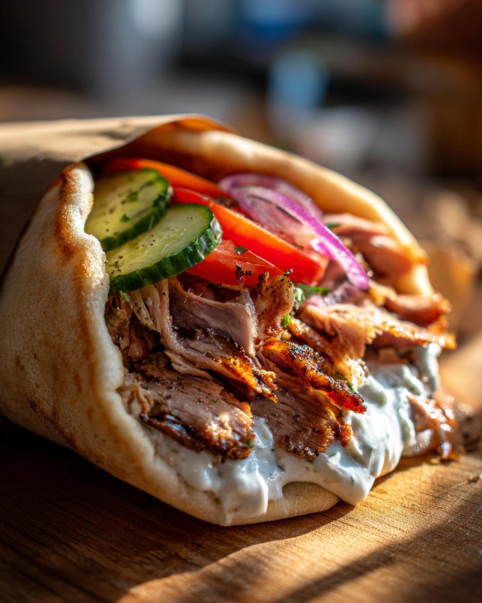 Nahaufnahme eines prall gefüllten Gyros-Sandwich im Fladenbrot mit Fleisch, Tzatziki und frischem Gemüse.