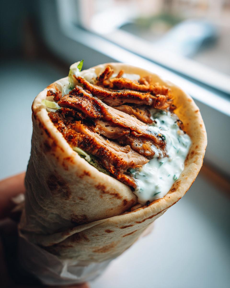 Nahaufnahme eines saftigen Gyros-Wrap mit Tzatziki, gehalten vor einem hellen Fenster.
