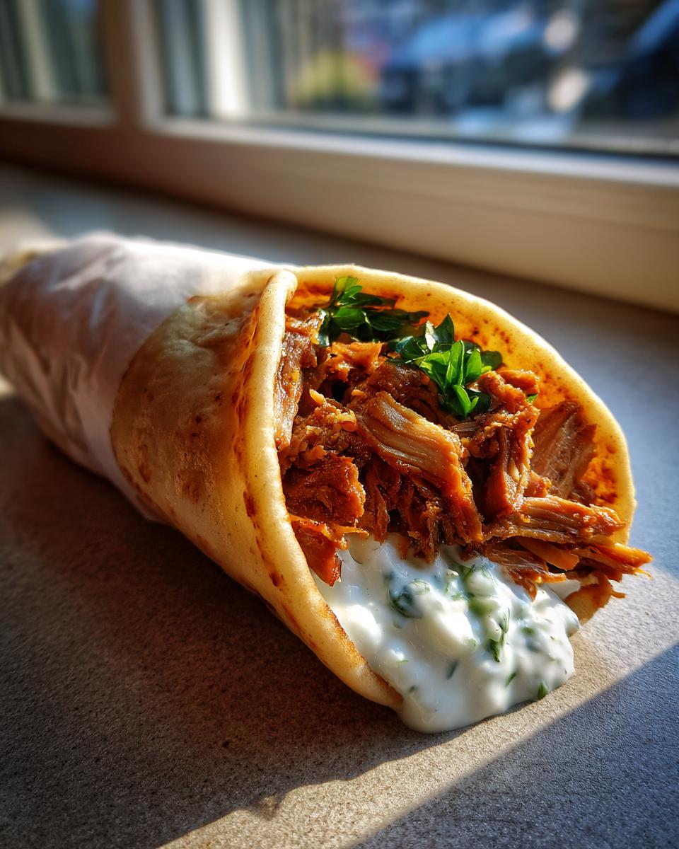 Nahaufnahme eines saftigen Gyros-Wrap mit viel Fleisch und cremigem Tzatziki, garniert mit Petersilie.
