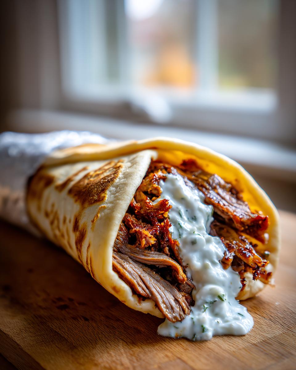 Nahaufnahme eines perfekt gefüllten Gyros-Wrap mit saftigem Fleisch und viel cremigen Tzatziki.