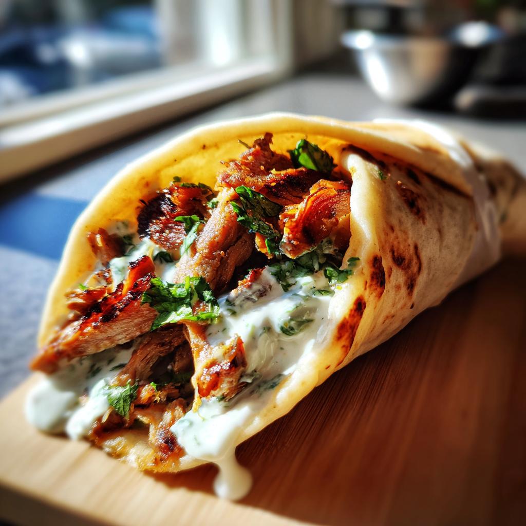 Nahaufnahme eines saftigen Gyros-Wrap mit Tzatziki und frischer Petersilie auf einem Holzbrett.