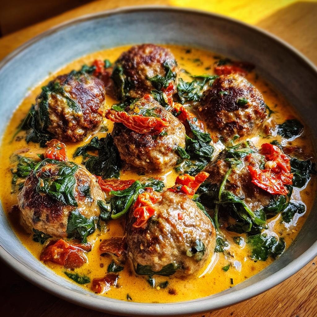 Nahaufnahme von saftigen Hackbällchen in Toskanasauce mit Spinat und getrockneten Tomaten.