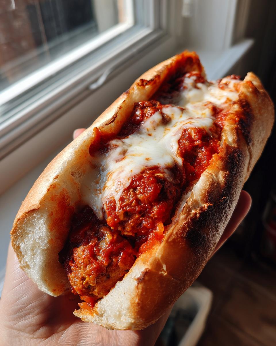 Nahaufnahme eines saftigen Hackbällchen-Subs mit reichlich Tomatensauce und geschmolzenem Käse, der in der Hand gehalten wird.