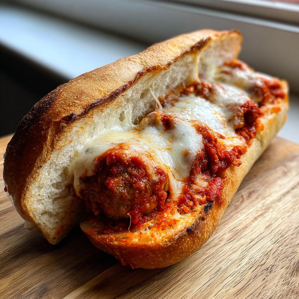 Nahaufnahme eines saftigen Hackbällchen-Subs mit viel roter Soße und geschmolzenem Käse auf einem Holzbrett.
