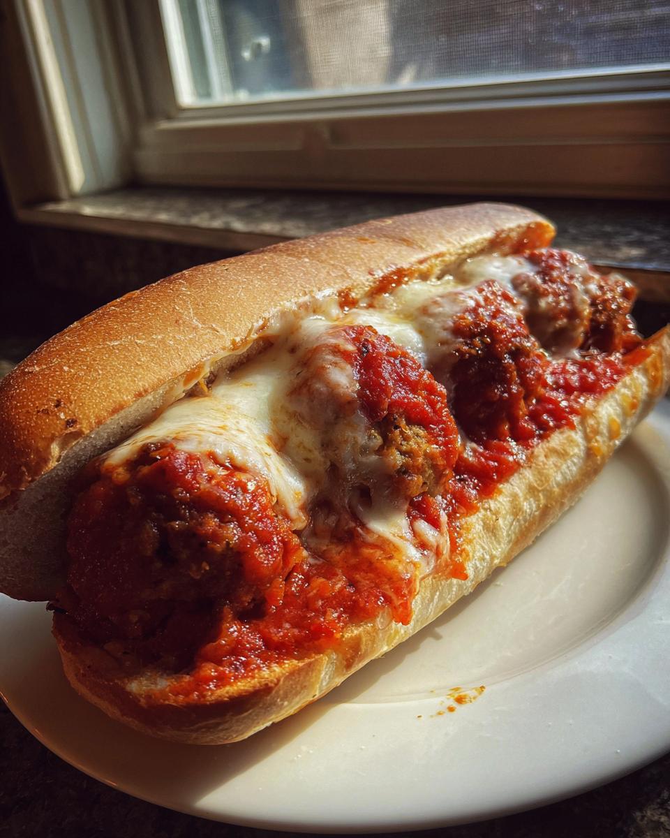 Nahaufnahme eines saftigen Hackbällchen-Subs mit viel Tomatensauce und geschmolzenem Käse auf einem Teller.