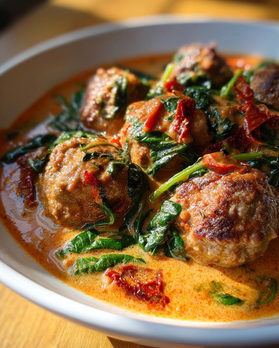Drei saftige Hackbällchen in cremiger, oranger Toskanasauce mit viel frischem Spinat und getrockneten Tomaten.