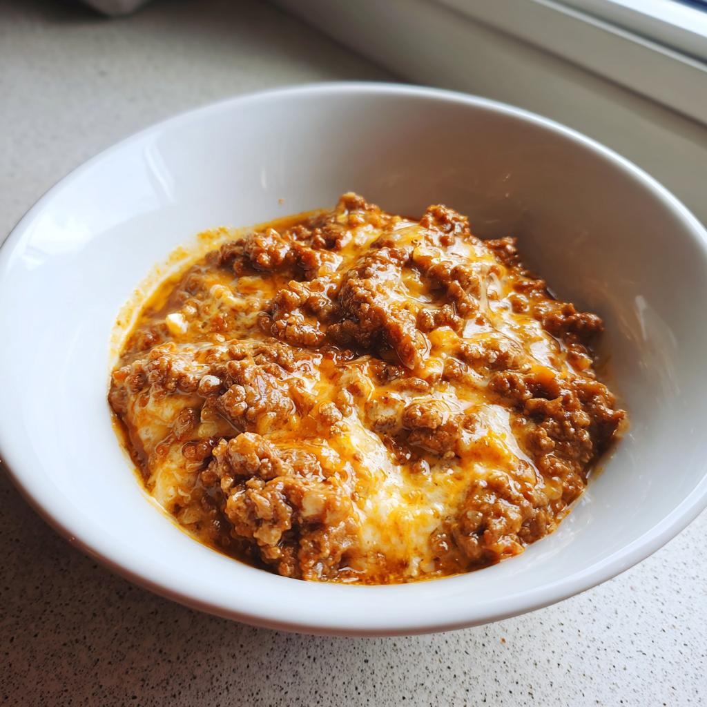Nahaufnahme einer Portion Hackfleisch-Gemüse-Pfanne mit Frischkäse in einer weißen Schüssel.