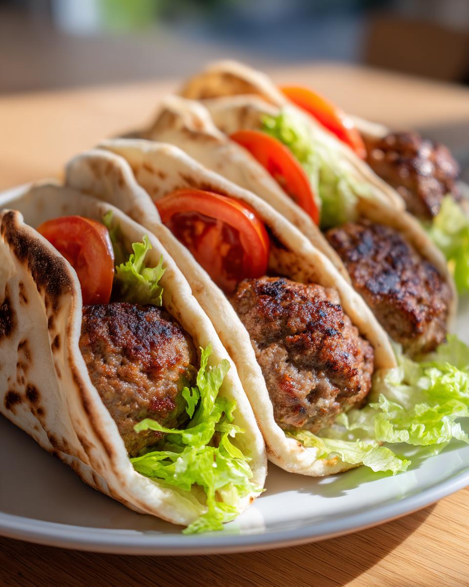 Drei saftige Hackfleisch-Kebab im Pita-Brot, gefüllt mit knackigem Salat und frischen Tomatenscheiben.