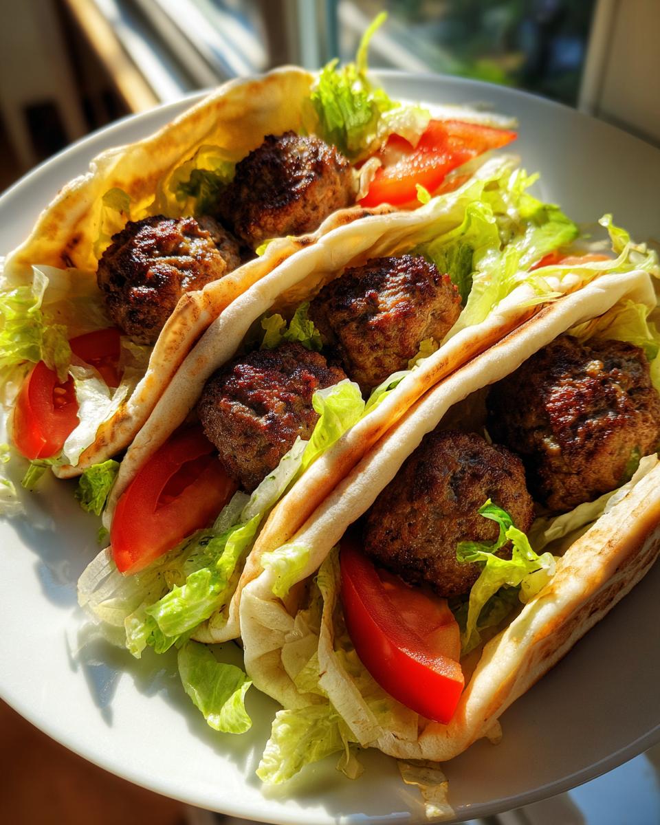 Drei gefüllte Pita-Brote mit saftigen Hackfleisch-Kebab, knackigem Salat und Tomatenspalten.