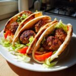 Drei frisch gefüllte Hackfleisch-Kebab im Pita mit knackigem Salat und roten Tomatenscheiben auf einem weißen Teller.